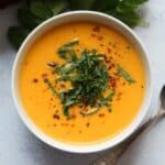 easy tomato and basil soup in a bowl