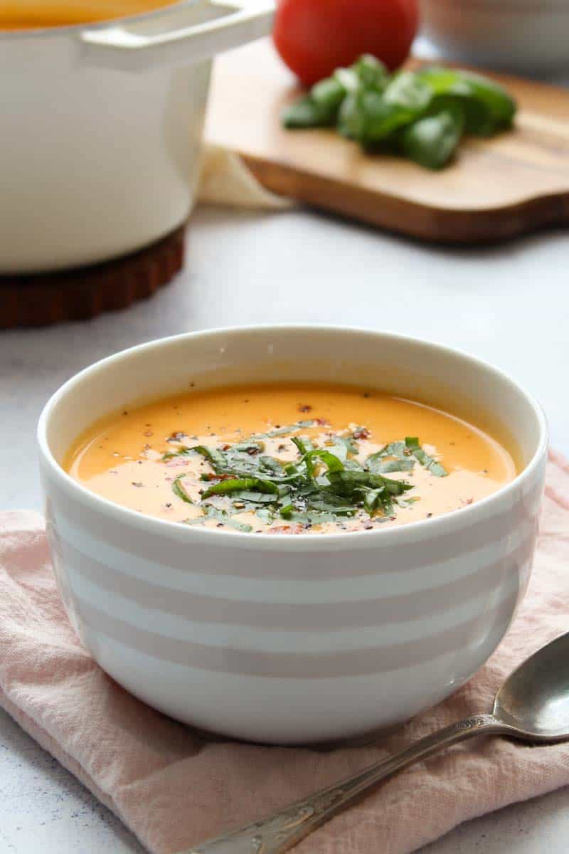 tomato and basil soup in a bowl 