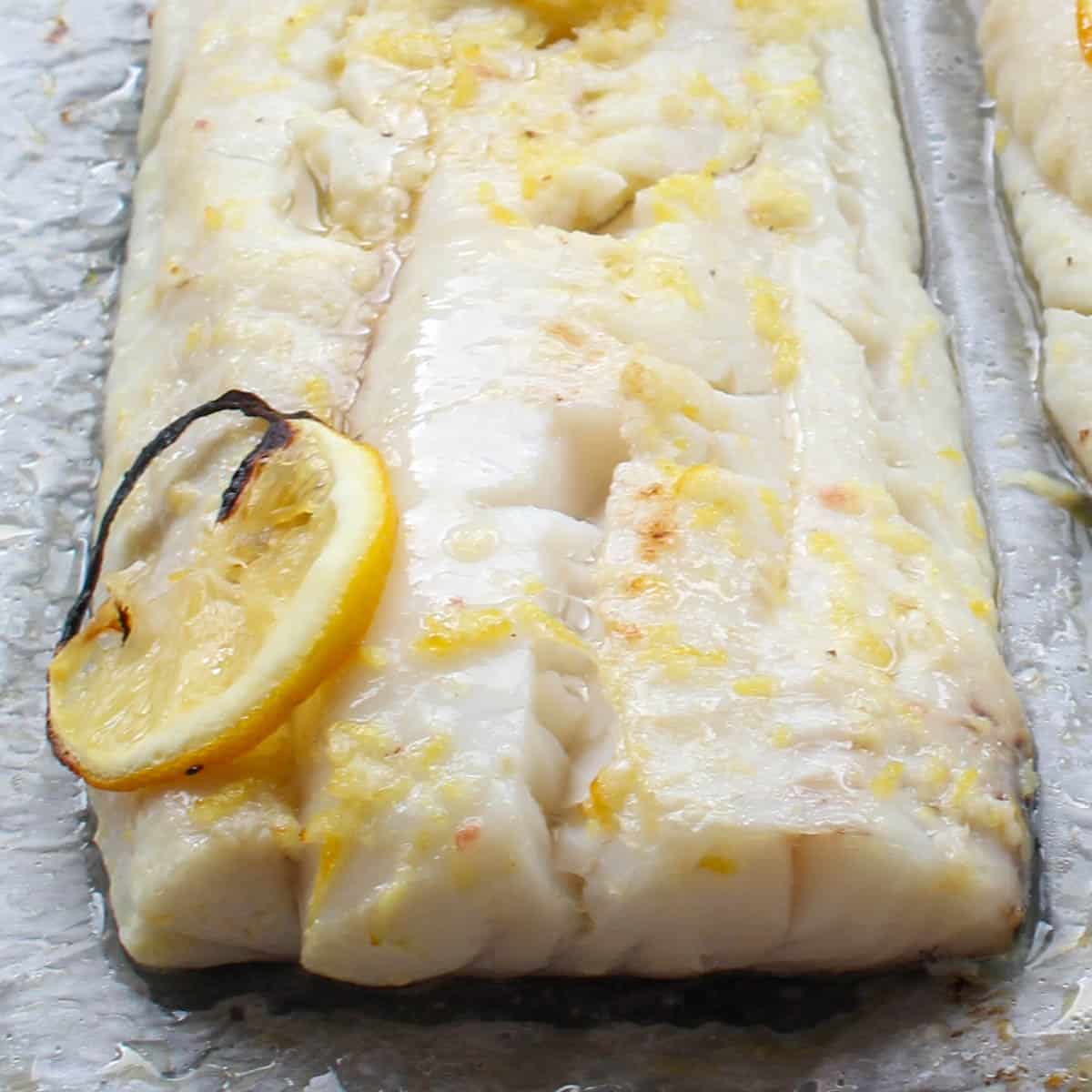 close up at baked white fish