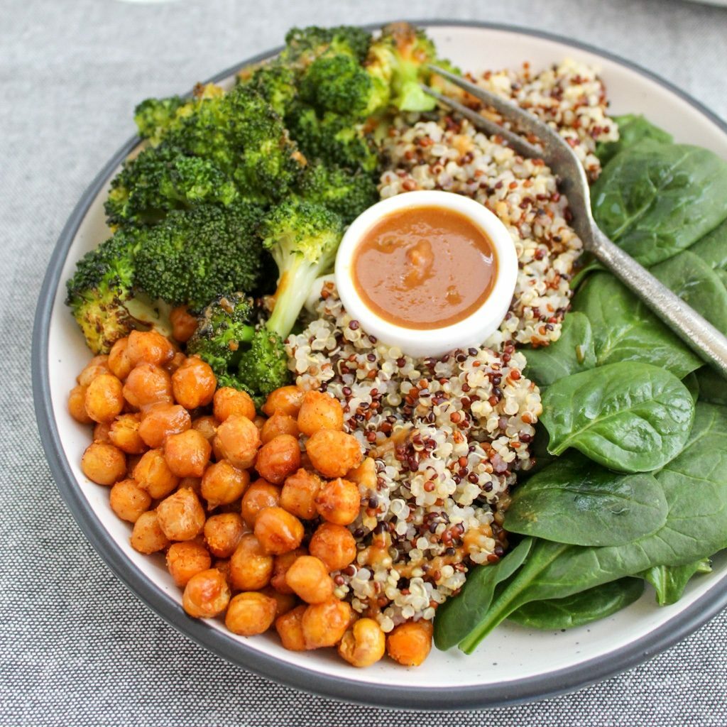 Buddha bowl with roasted broccoli, chickpeas and quinoa