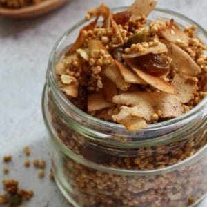 Gluten-free granola with puffed quinoa in a glass jar