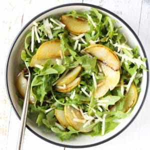 Pear and rocket salad on a plate