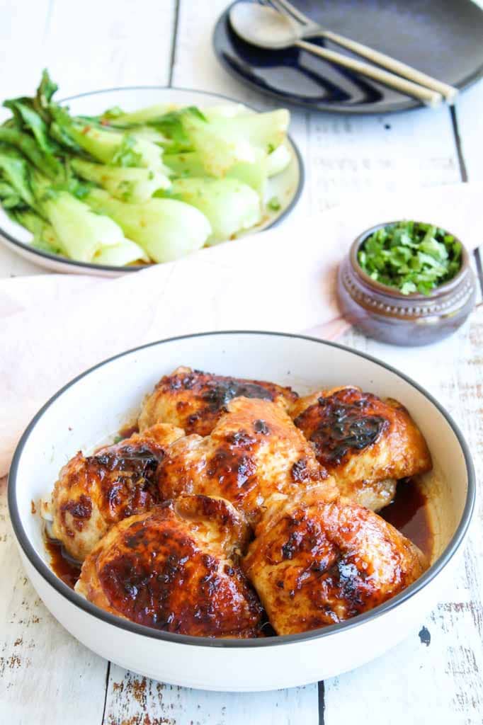 chicken thighs with bokchoy and coriander ready to eat