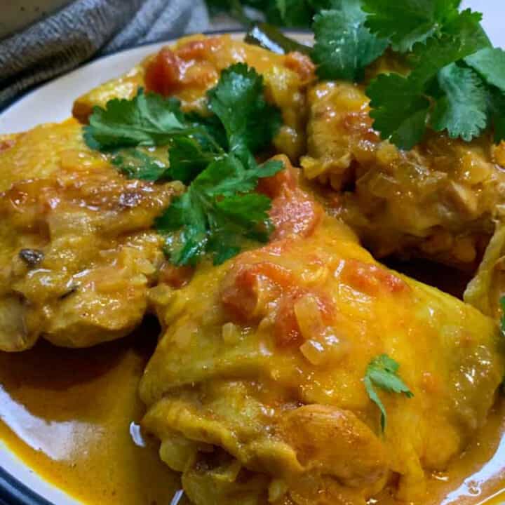 chicken madras on a plate with fresh coriander and chilies