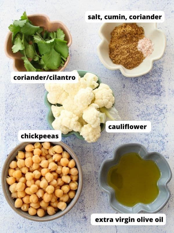 ingredients to make oven roasted cauliflower with chickpeas