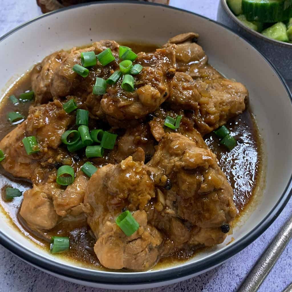 deliciously looking Abodo chicken in a rich soy sauce with spring onions on a white plate