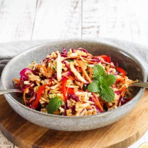 colorful asian coleslaw in a round plate on a chopping board