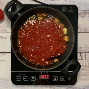 tomato sauce in a frying pan