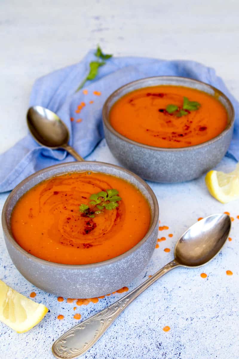 two bowl of Turkish red lentil soup