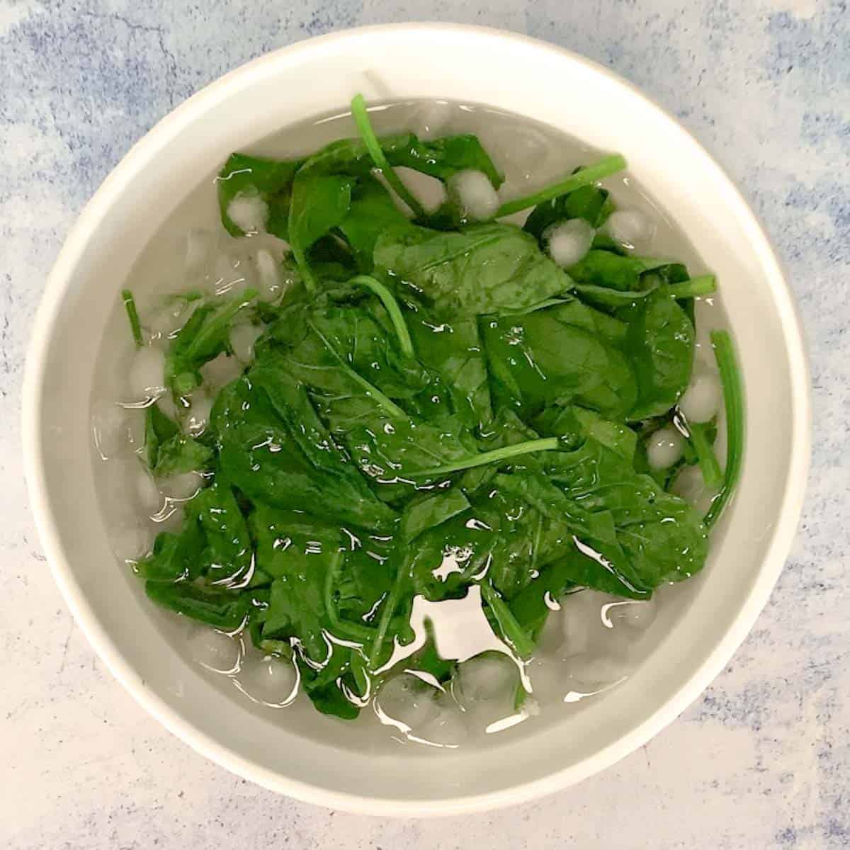 wilted spinach in ice water