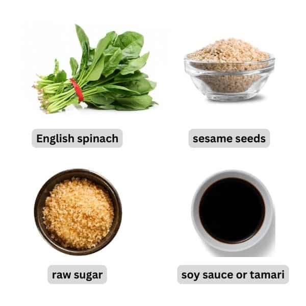 ingredients needed to make gomae, Japanese spinach salad 