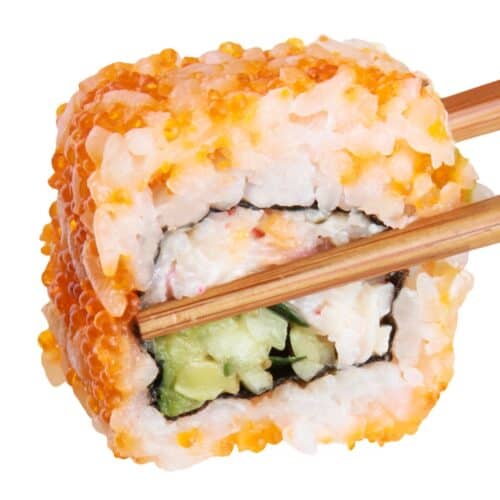 a sushi held by chopsticks