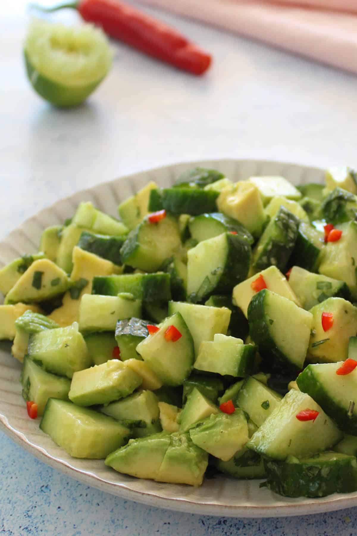 cucumber avocado salad on a plate