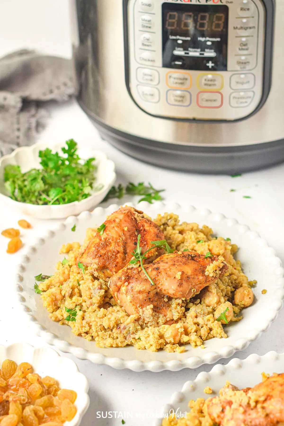 morrocan chicken served with quinoa and chikpeas