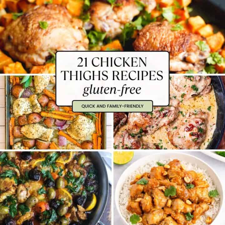 a collage of 5 photos featuring chicken thighs cooked in various ways