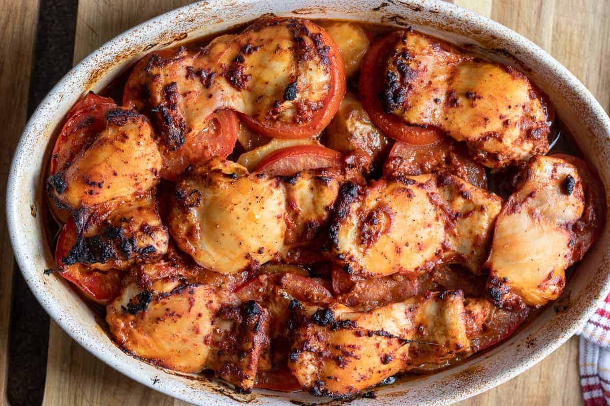 crispy baked chicken thighs in a baking dish