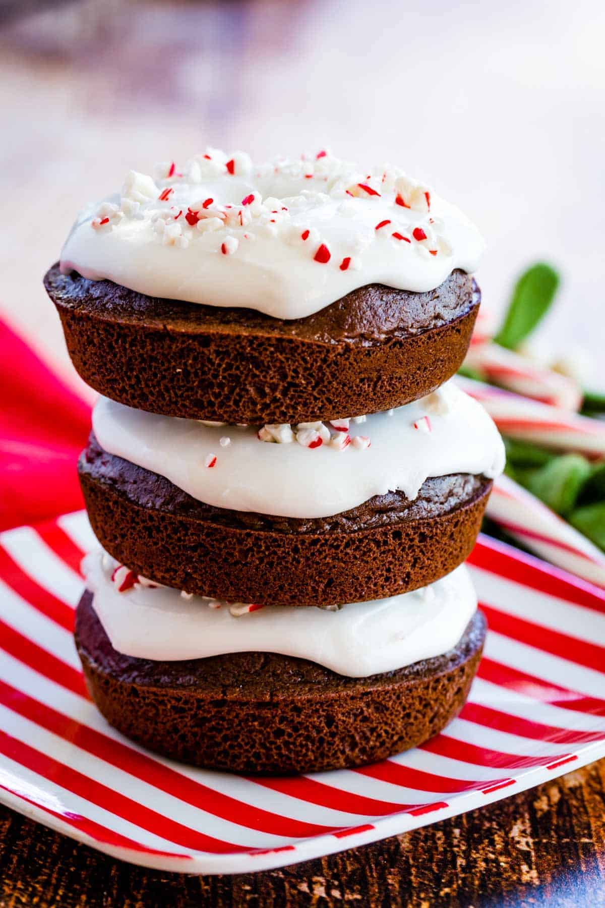 a stuck of chocolate peppermint donuts