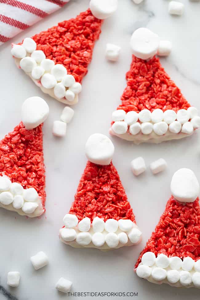 rice krispie treats in shape of little Santa hats