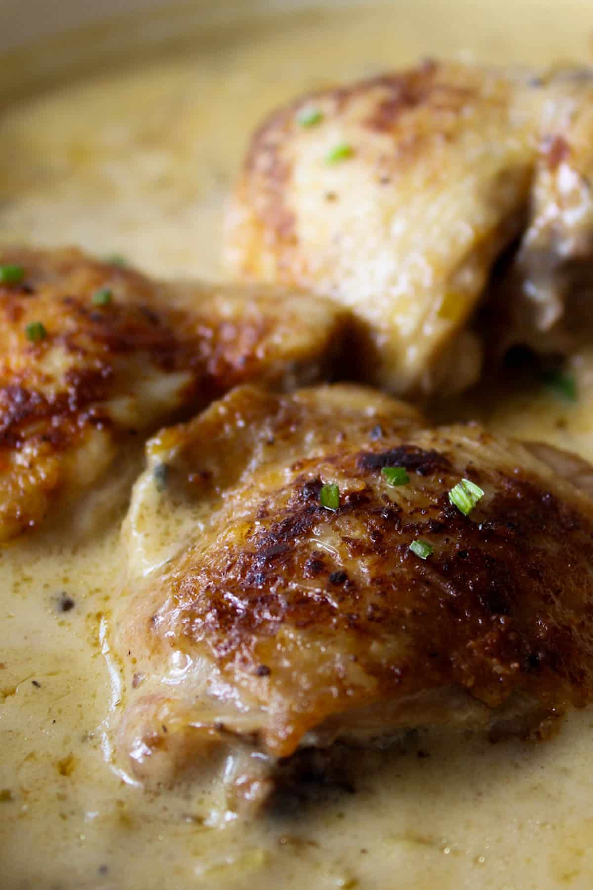 golden chicken thighs in a cream sauce