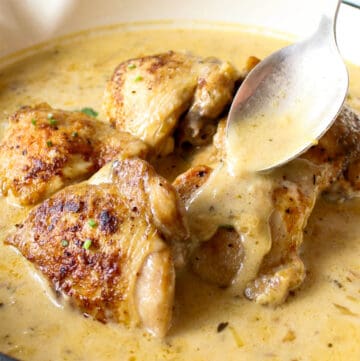 very creamy sauce and golden chicken thighs