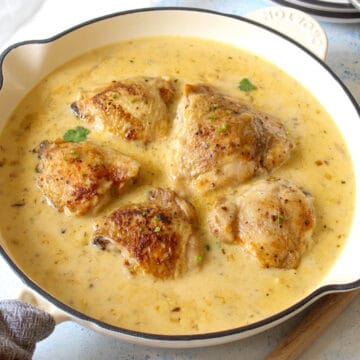 ready cooked, deliciously looking creamy chicken in a white Dutch oven