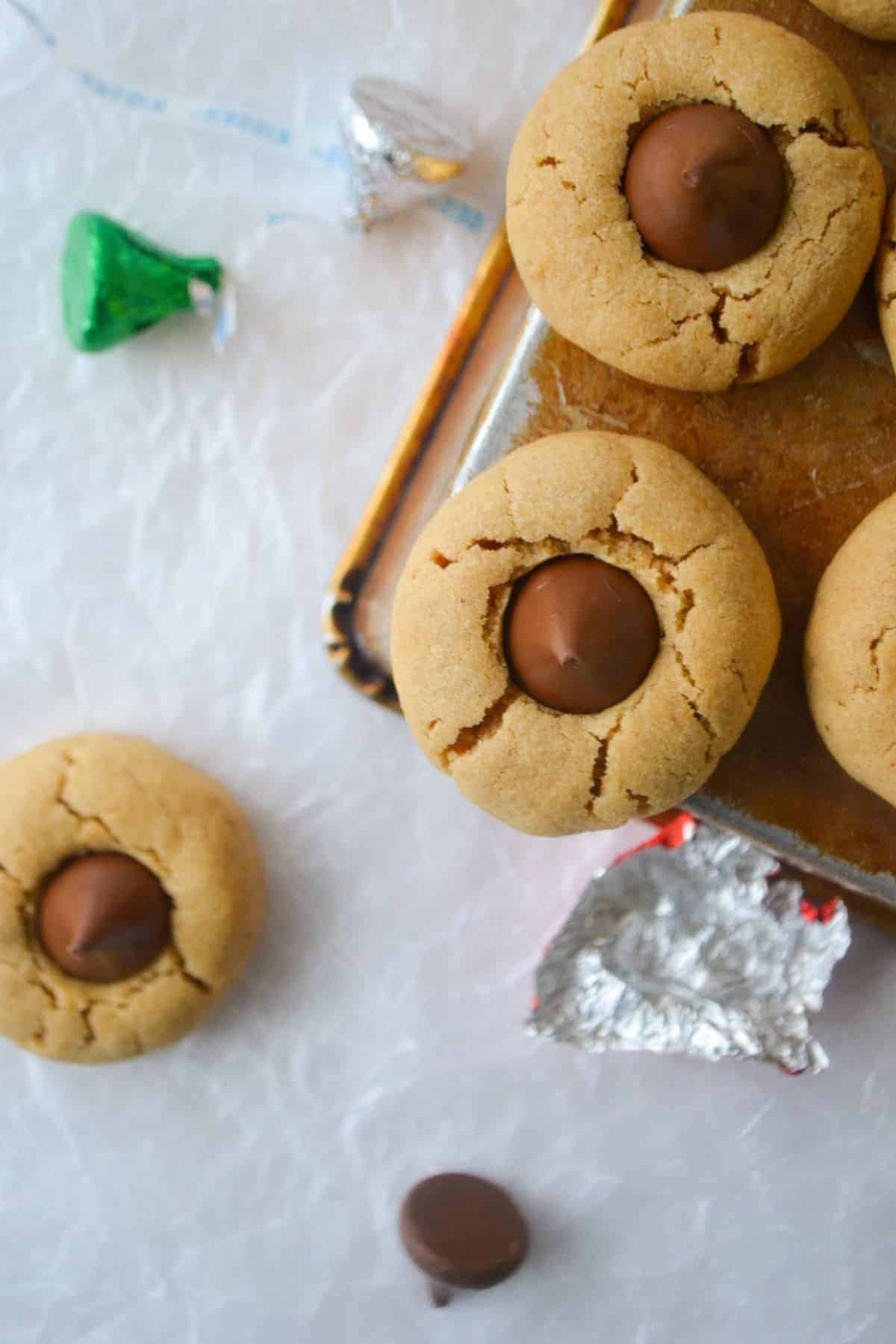 Christmasy looking peanut butter blossom cookies