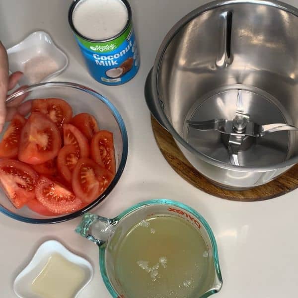 Ingredients for gluten-free tomato soup ready to be processed in Thermomix
