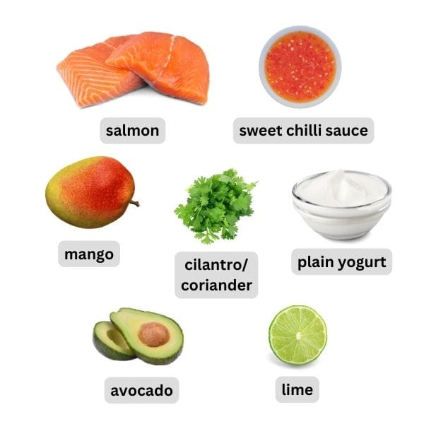 ingredients needed to make salmon with avocado mango salsa