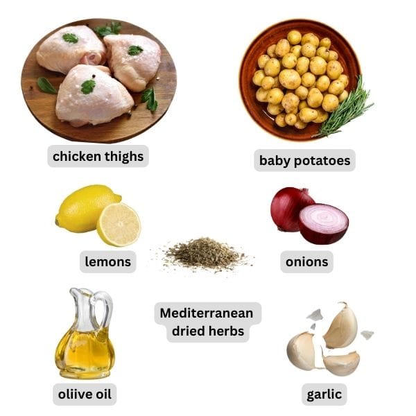 Ingredients needed to make Greek chicken and potatoes in one pan