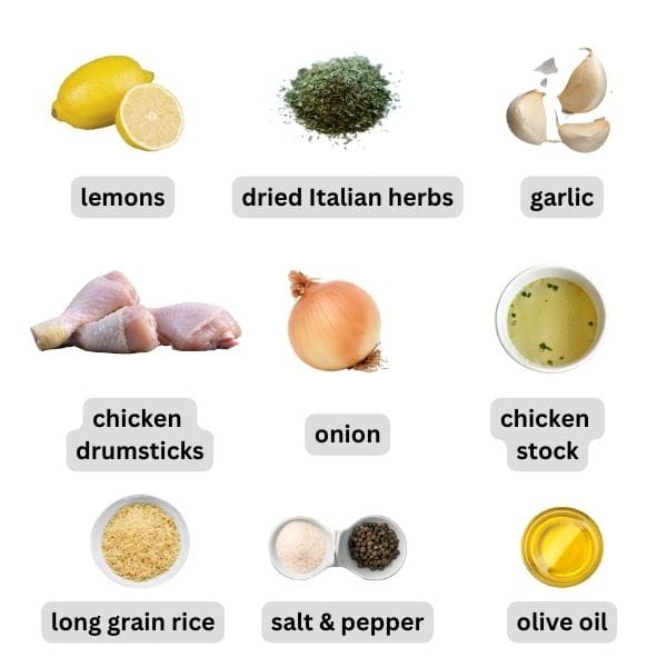 ingredients needed to make Greek one pot chicken drumsticks and rice
