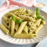 creamy looking penne in pesto sauce with chicken, served ready to eat.