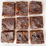 Freshly baked 3-ingredient banana brownies, cut into squares and ready to serve.