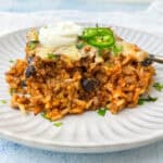 A plate with delicious looking Mexican beef and rice. Fluffy rice with some tomato sauce and black beans. Topped with yogurt and green chilies.